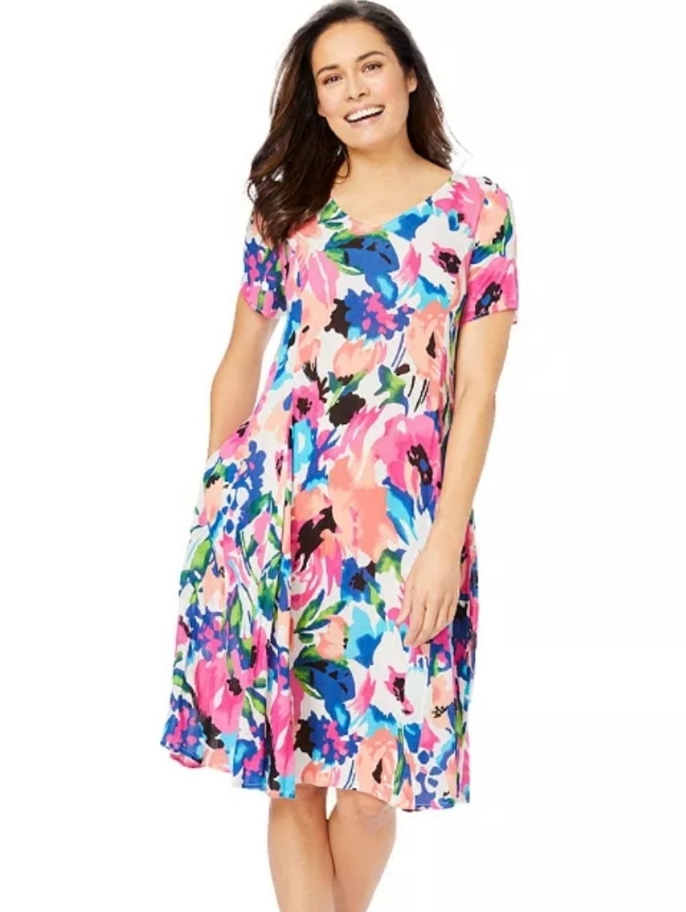 Woman Within White Floral Midi Dress in Pink, Blue & Green